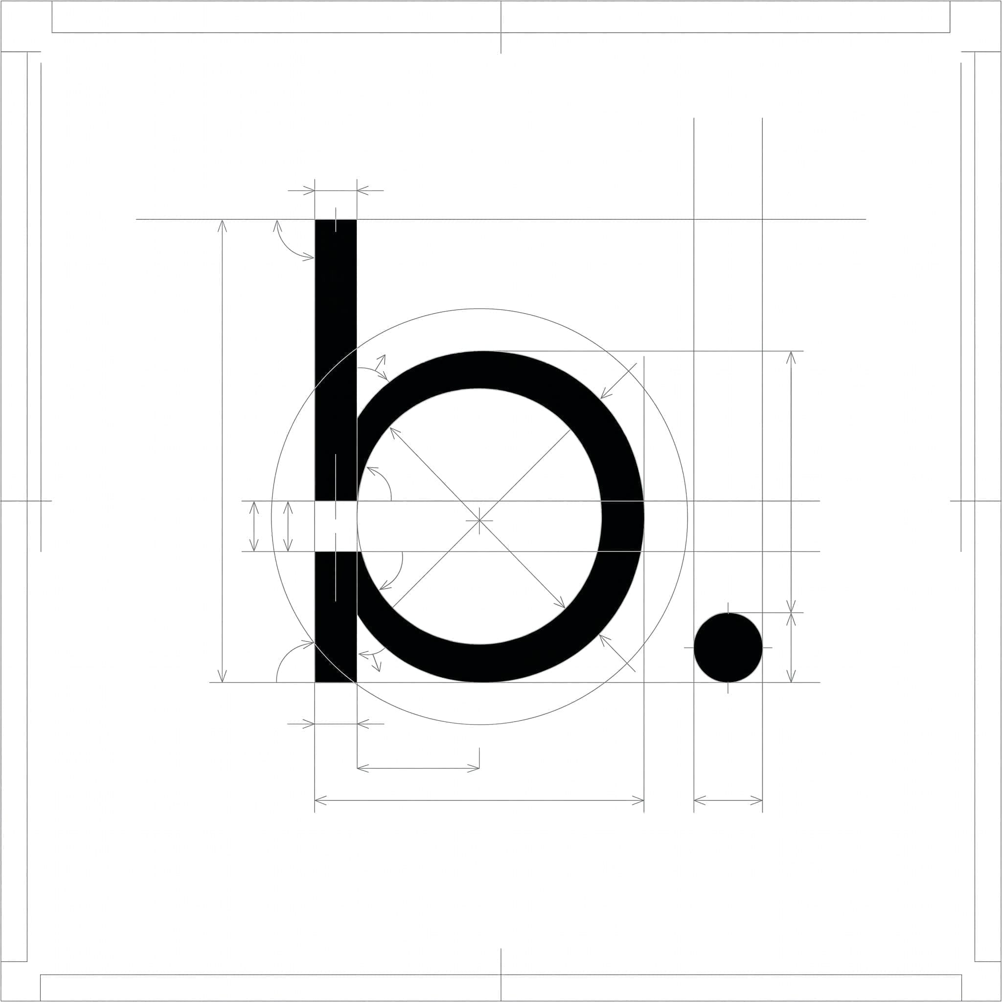 Geometrische Konstruktionszeichnung der Boşluk-Wortmarke, das kleine 'b' und der Punkt gebildet aus sich schneidenden Hilfskreisen und Rasterlinien.