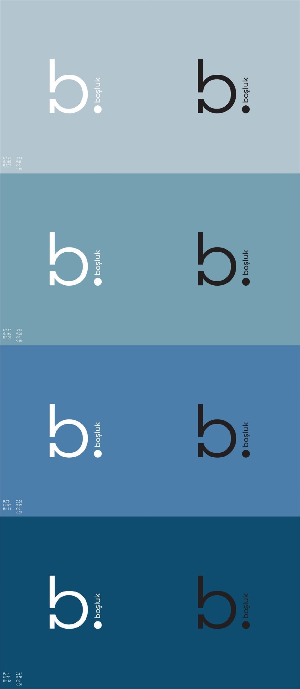 Boşluk-Farbpalette als horizontale gestapelte Balken: blasses Blaugrau, mittleres Schiefer-Blau, dunkleres Schiefer-Blau, tiefes Navy, jeweils mit Rolle und Hex-Wert beschriftet.