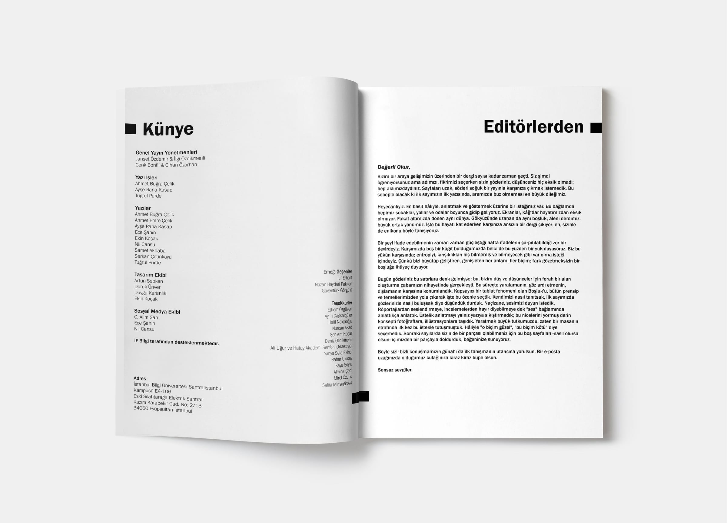 Editorial-Doppelseite, linke Seite mit Impressum, rechte Seite mit Editorial-Kolumne.