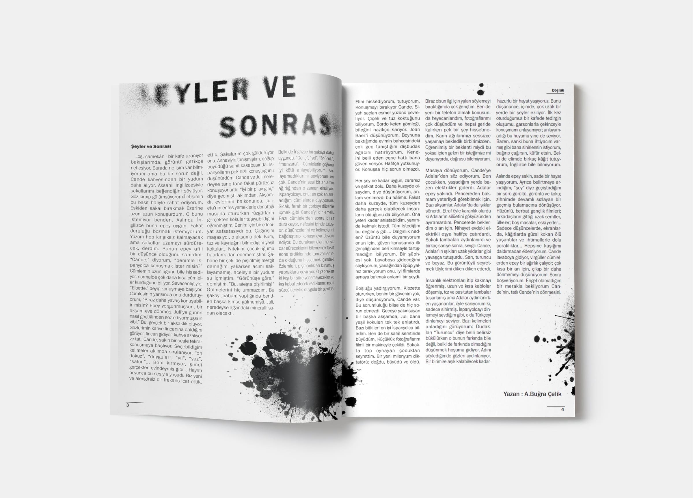 Feature-Doppelseite mit Tintenklecks-Bildern links und dichtem Fließtext rechts.