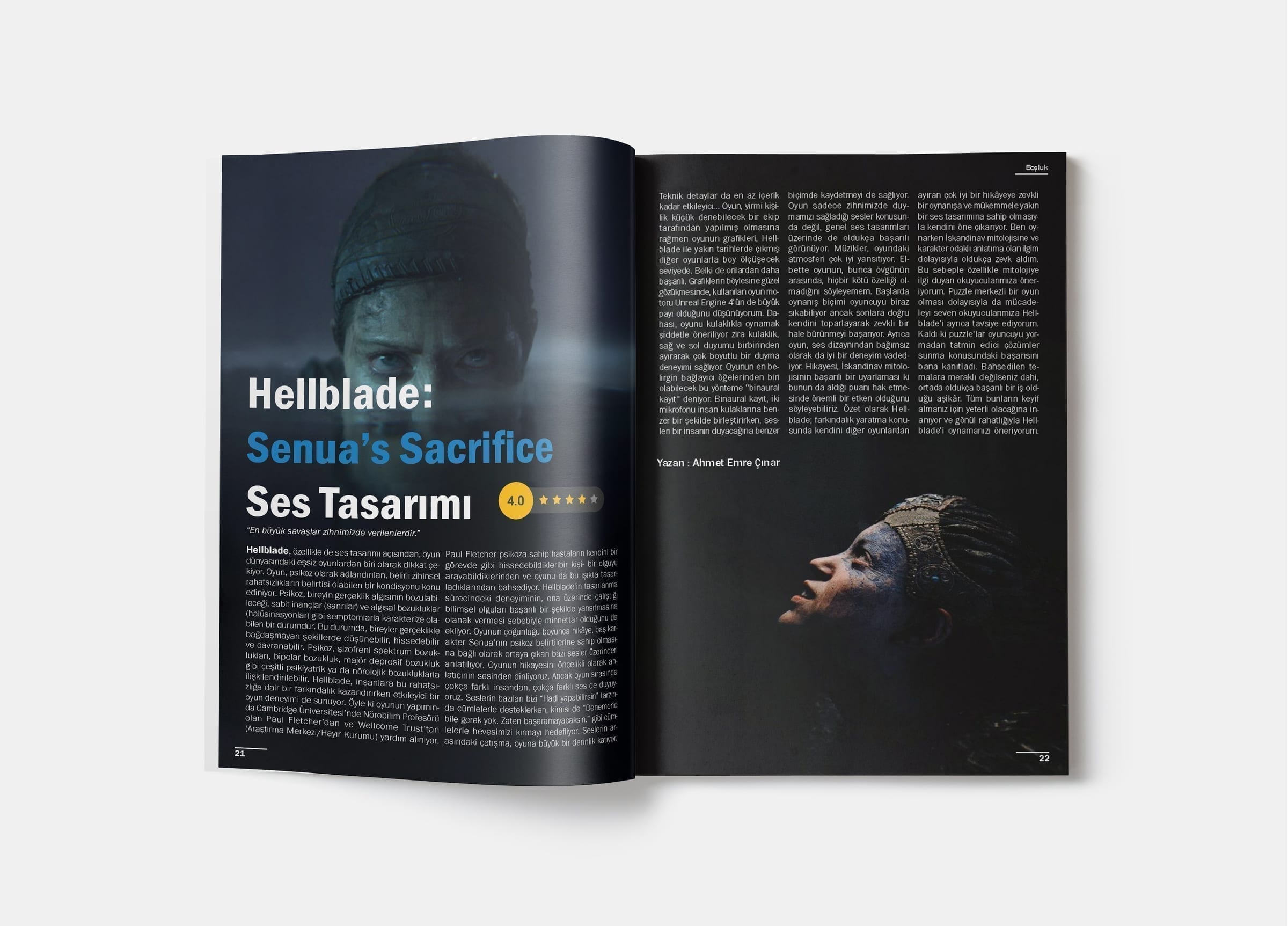 Doppelseite zum Sound-Design von Hellblade, dunkle atmosphärische Fotografie rechts, gelb hervorgehobener Titel links.