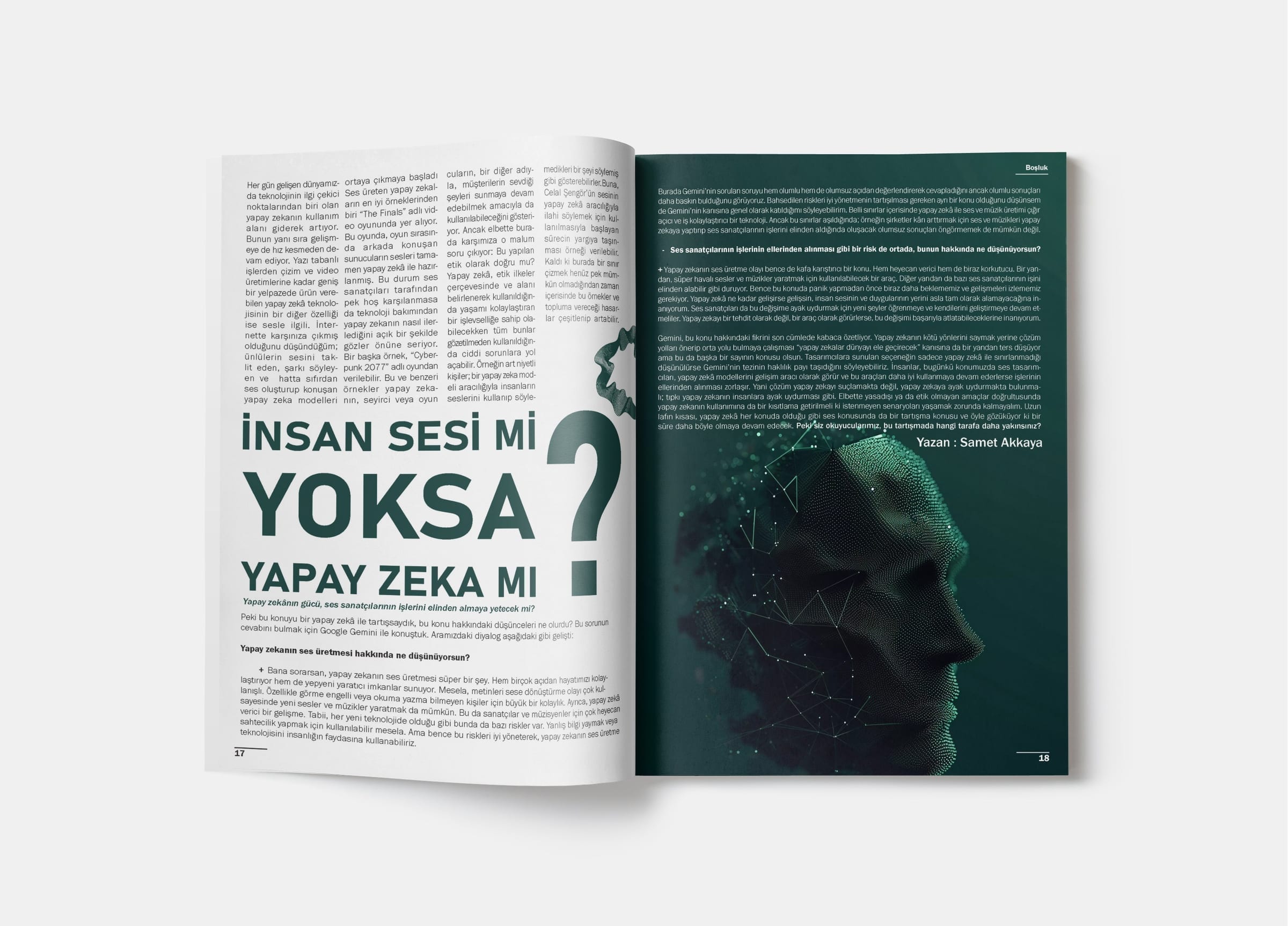 Doppelseite zur Frage KI-Stimme vs. menschliche Stimme, kondensierte Headline 'İnsan Sesi mi Yoksa Yapay Zeka mı?' über einem stimmungsvollen Porträt.