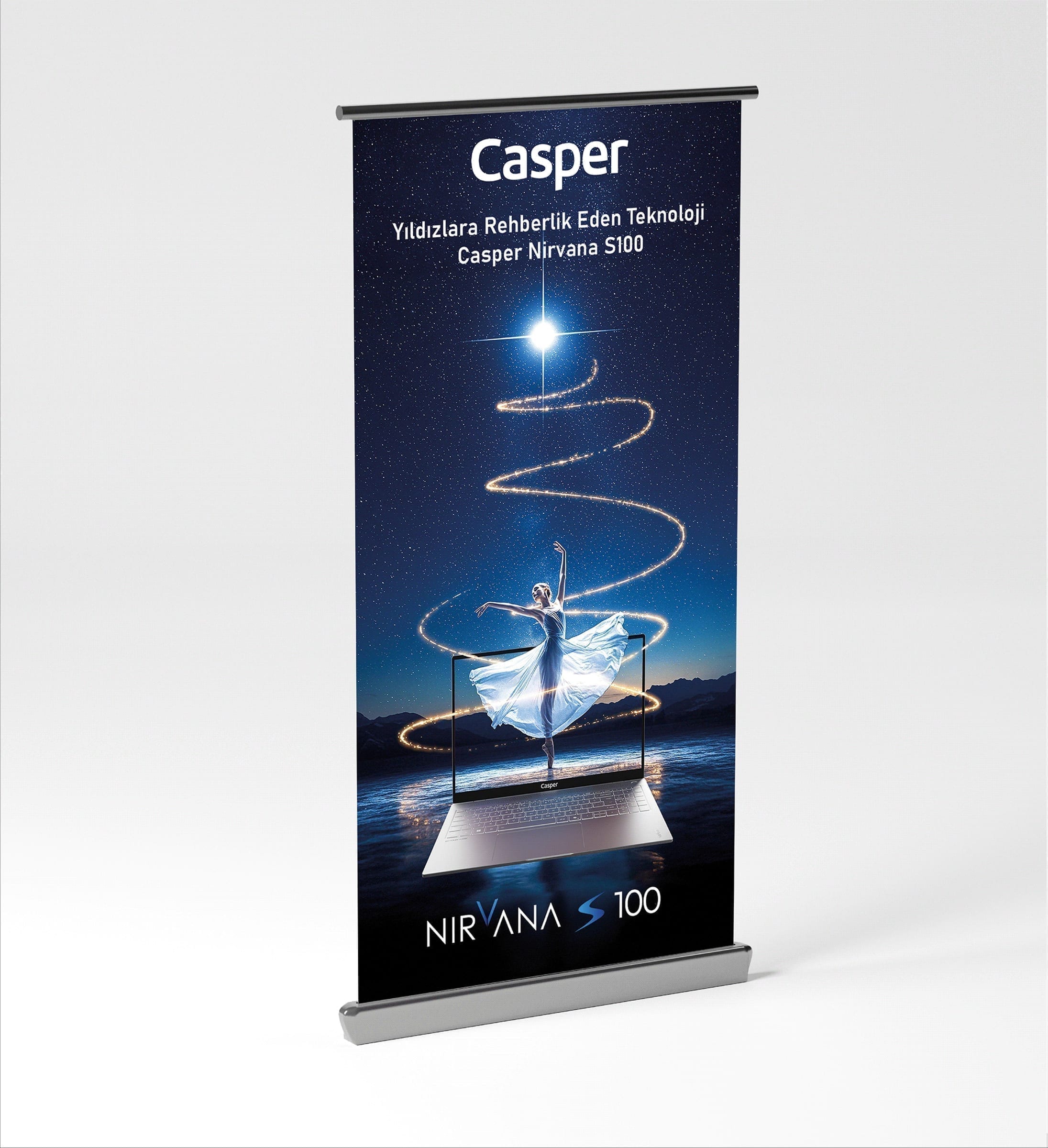 Roll-up-Banner der Nirvana S100 Ballett-Kampagne, stehend.