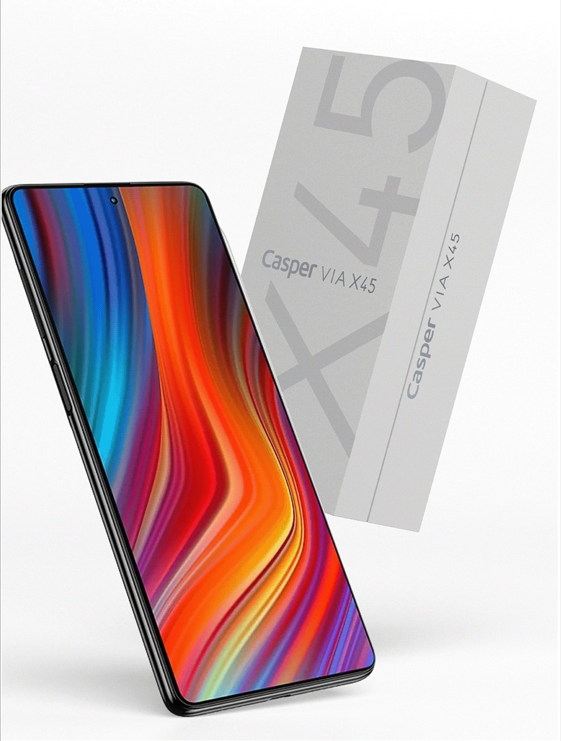 VIA X45 Smartphone mit sichtbarer Verpackung, lebendiger Bildschirm gegen den minimalen Karton.