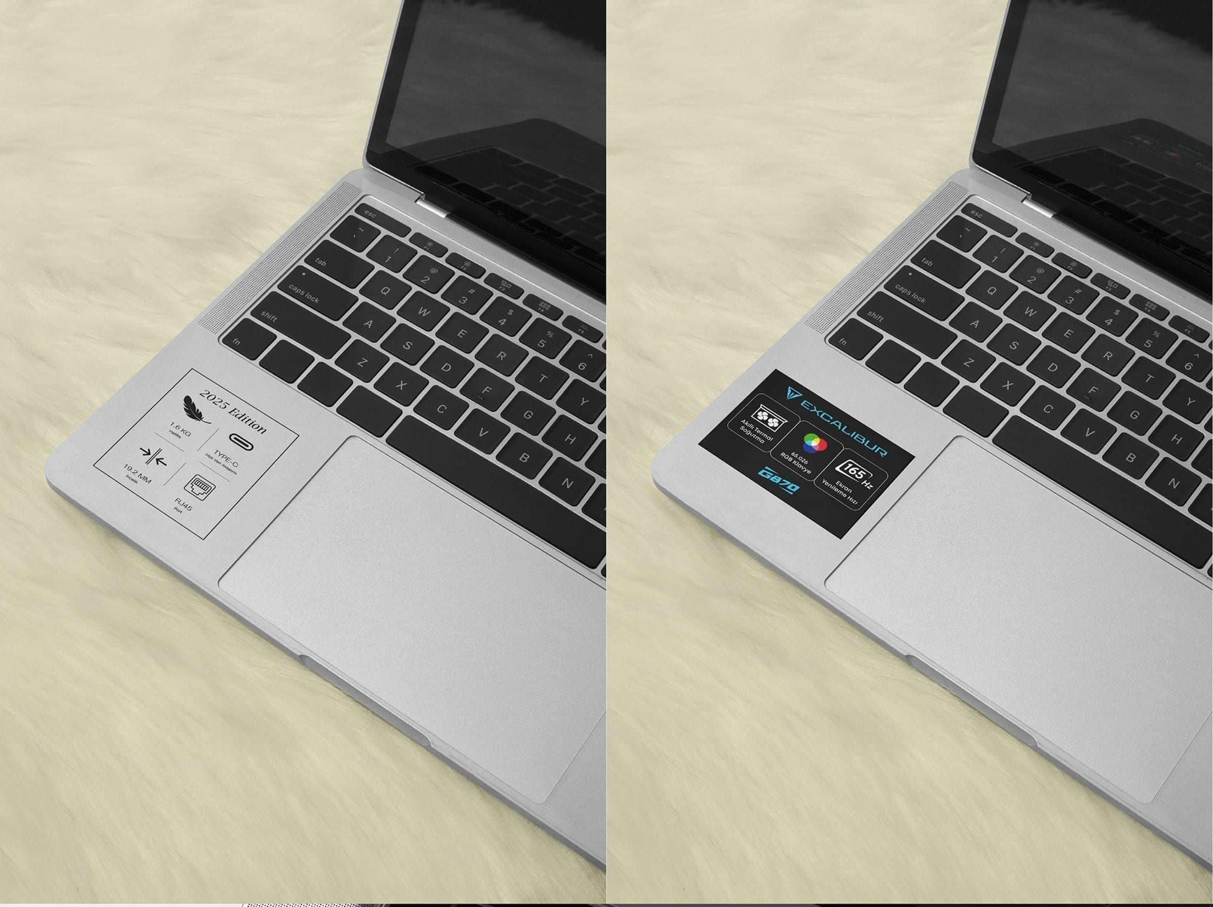 Sticker auf einer Laptop-Handballenauflage, auf warmem Stoff.