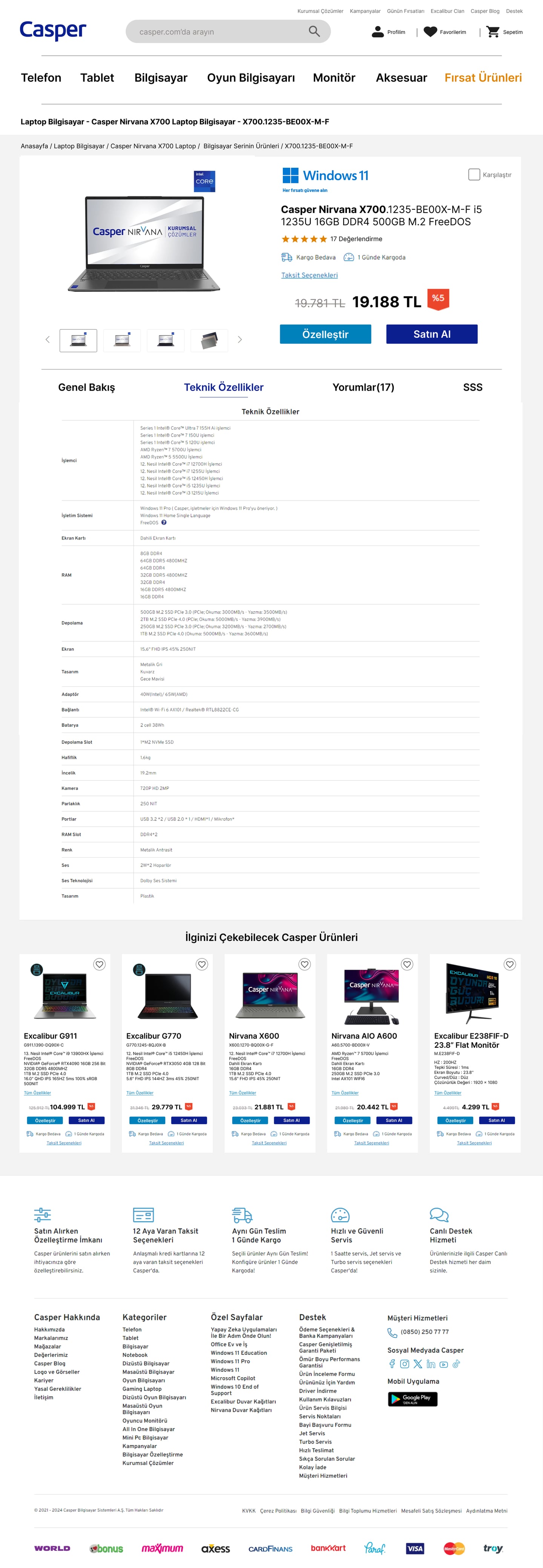 Produktseite auf dem Tab Technische Spezifikationen mit vollständiger Spec-Vergleichstabelle.