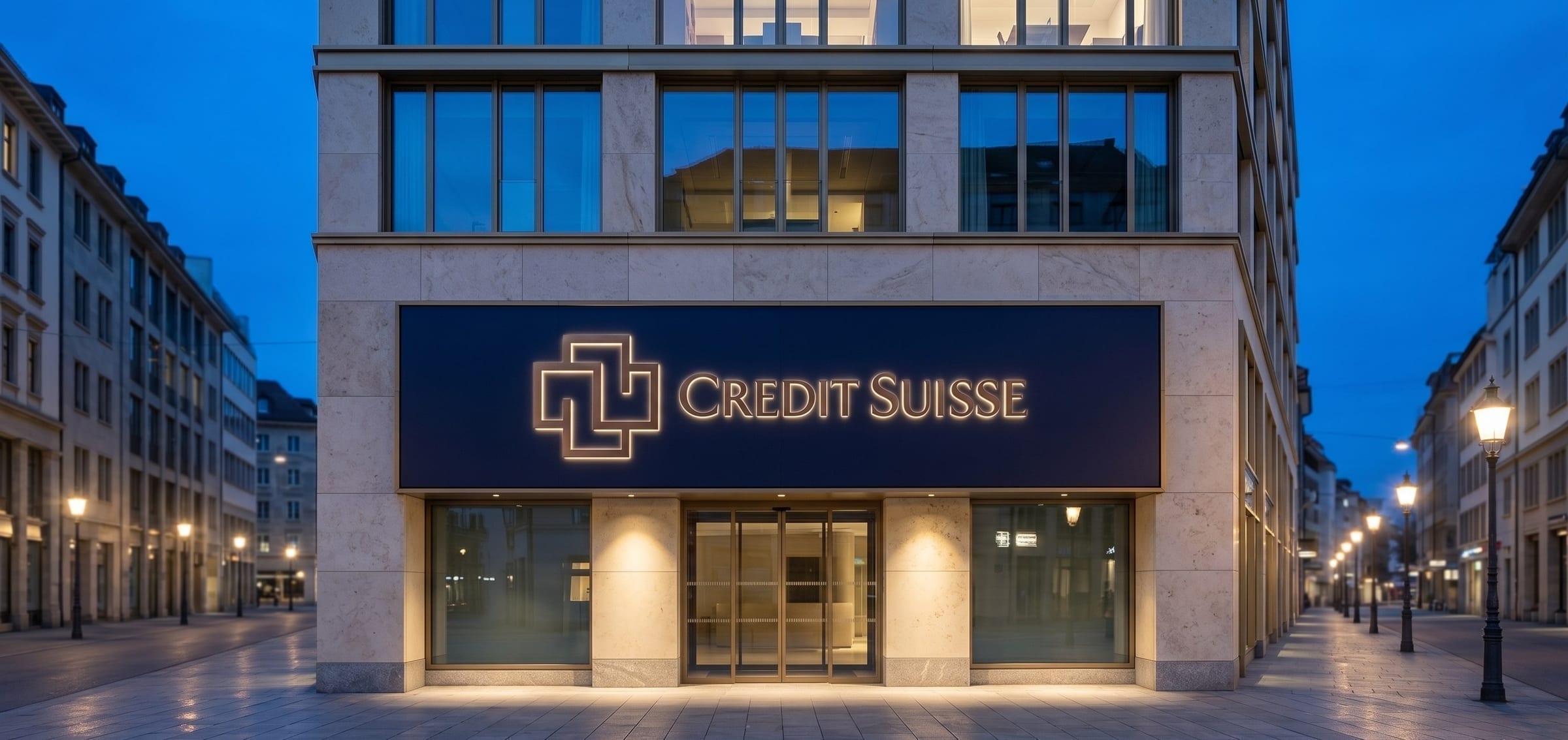 Fassade der Credit Suisse in der Abenddämmerung, etabliert die institutionelle Tonalität der Marke.