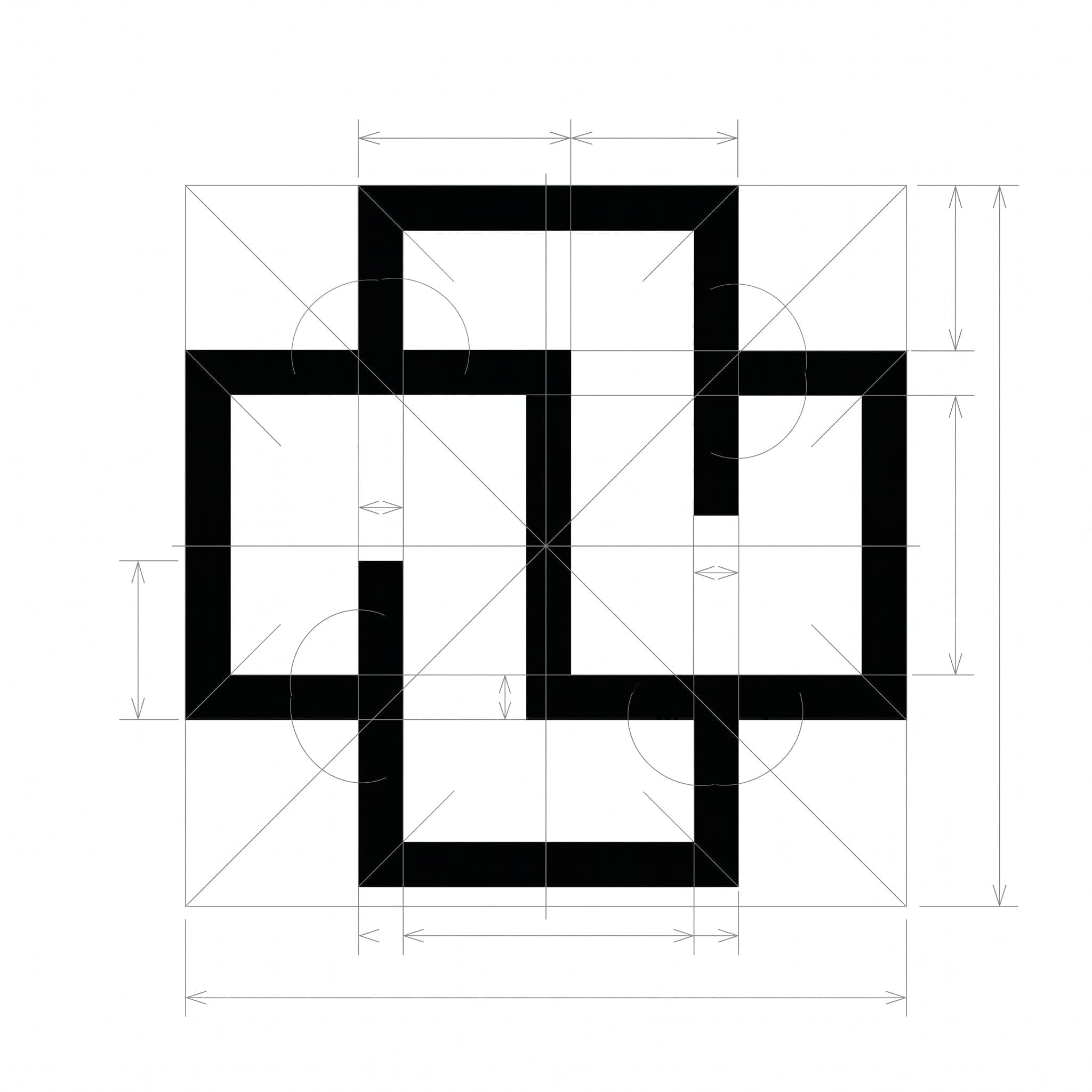 Geometrische Konstruktionszeichnung des vorgeschlagenen Wermelinger-Kreuzes, vier ineinandergreifende L-Formen mit Raster- und Hilfslinien.