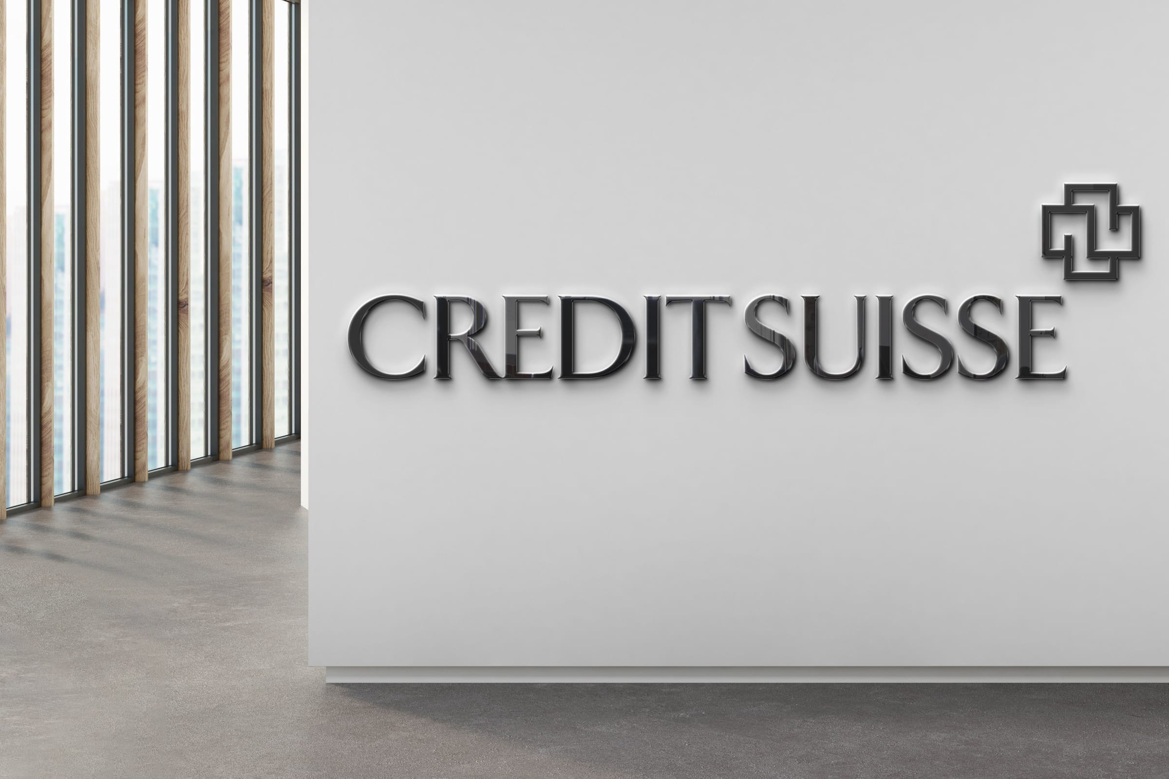 Innenbeschilderung einer Credit-Suisse-Filiale mit dem neuen Wermelinger-Kreuz.