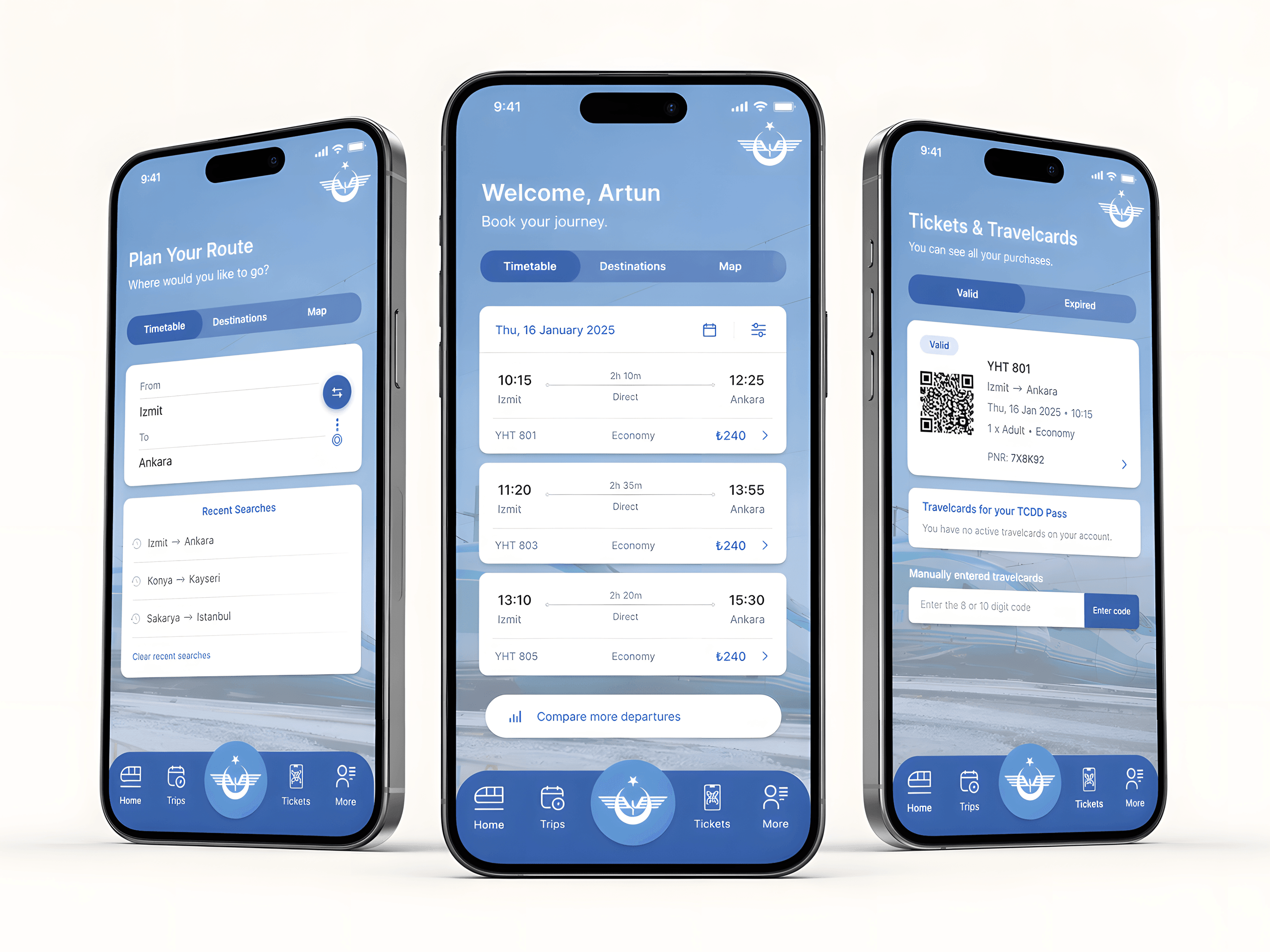 Drei Smartphone-Mockups des E-Bilet-Redesigns.