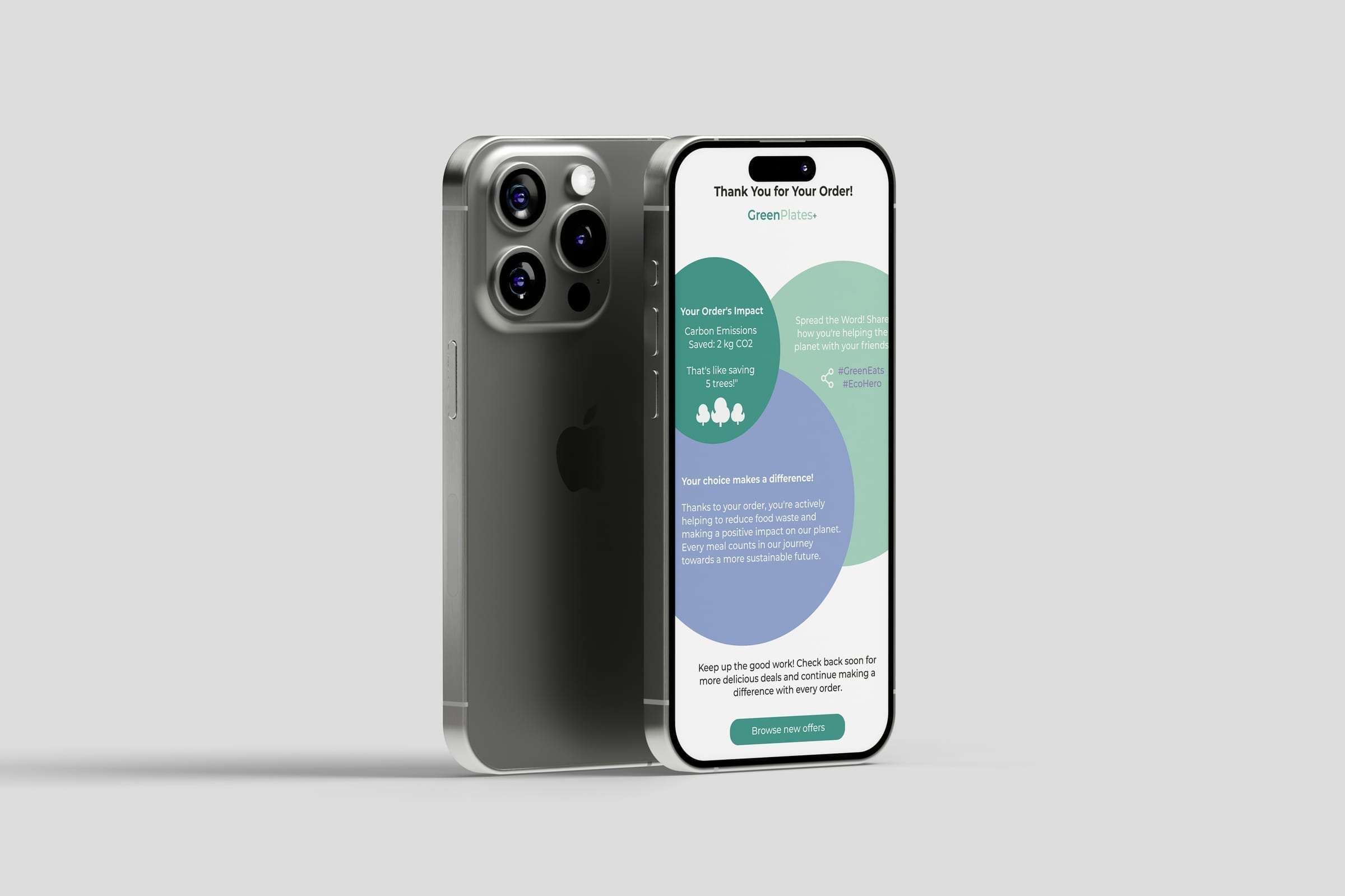 GreenPlates+ Bestätigungsscreen mit gesparten CO₂-Emissionen und Social-Sharing-Option.