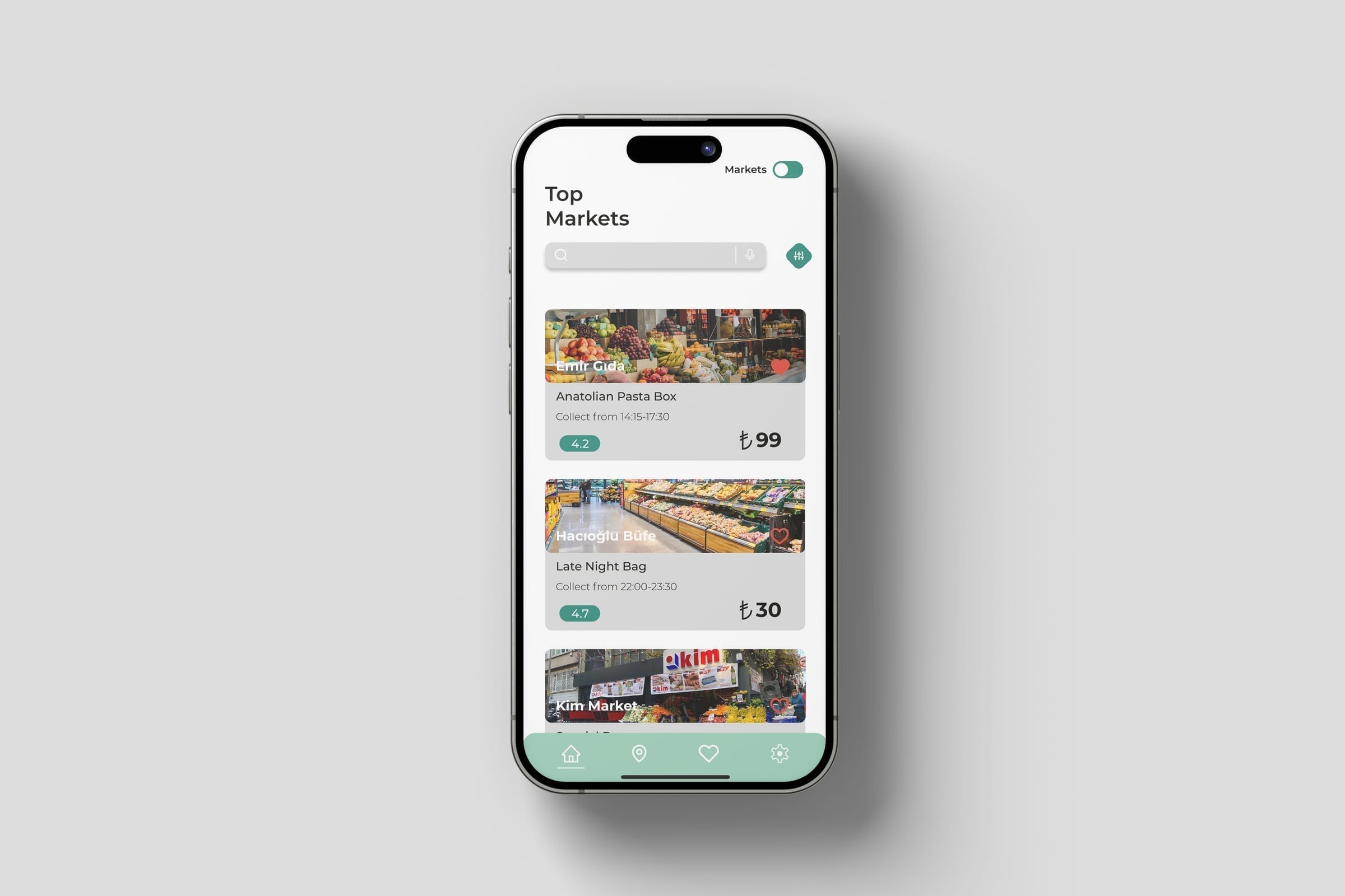 GreenPlates+ Marktlisting-Screen mit nahegelegenen Marktangeboten, Bewertungen und Abholzeiten.