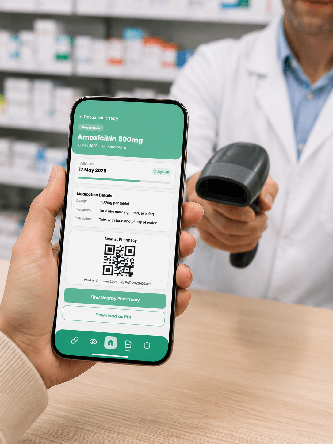MedPass prescription pickup mockup in a pharmacy context, showing QR code and medication details.