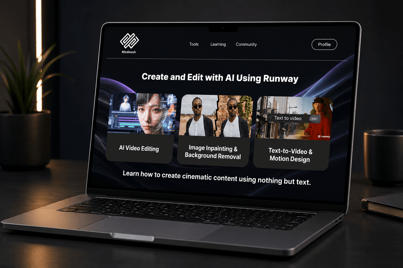 MindMesh Runway Tool-Seite auf einem MacBook Pro mit 'Mit KI erstellen und bearbeiten mit Runway' und drei Use-Case-Karten: KI-Videobearbeitung, Bild-Inpainting und Hintergrundentfernung, Text-zu-Video und Motion Design.