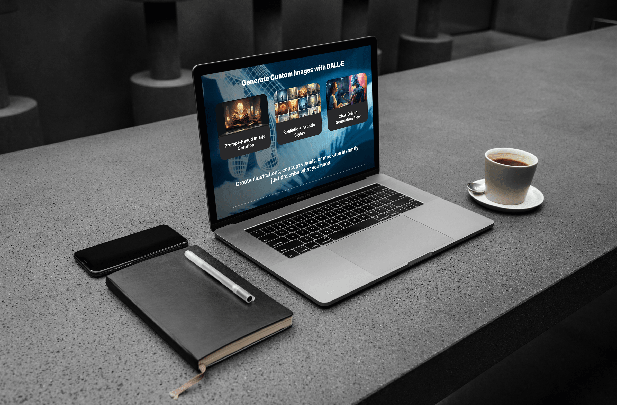 MindMesh DALL·E Tool-Seite auf einem MacBook Pro in einer Workspace-Umgebung mit 'Benutzerdefinierte Bilder mit DALL·E generieren' und drei Modul-Karten: Prompt-basierte Bilderstellung, Künstlerische Stile erkunden, Generierungsablauf.