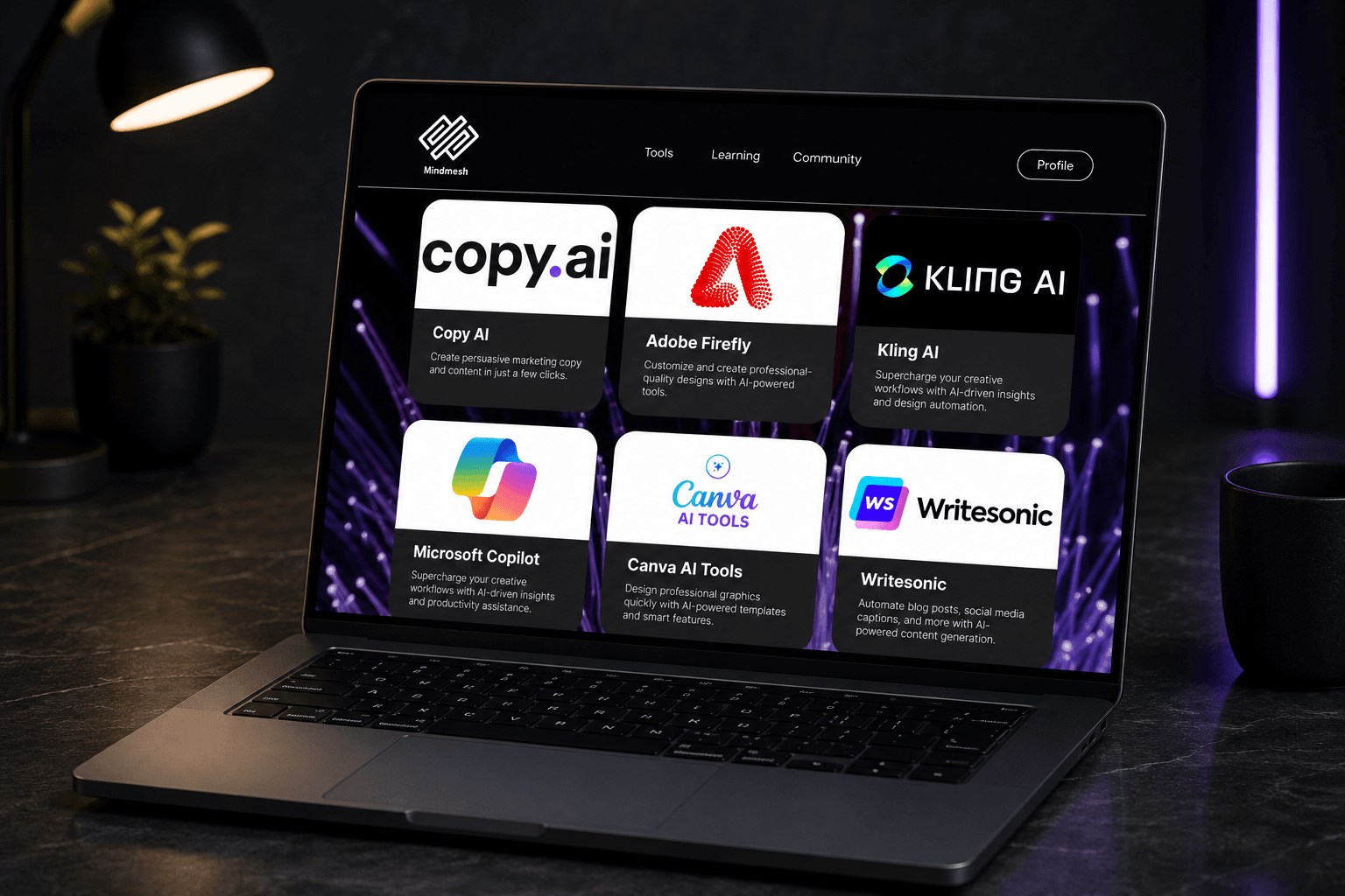 MindMesh Tool-Startseite auf einem MacBook Pro mit einem Raster aus KI-Tool-Karten: Copy.ai, Adobe Firefly, Kling AI, Microsoft Copilot, Canva AI Tools, Writesonic.