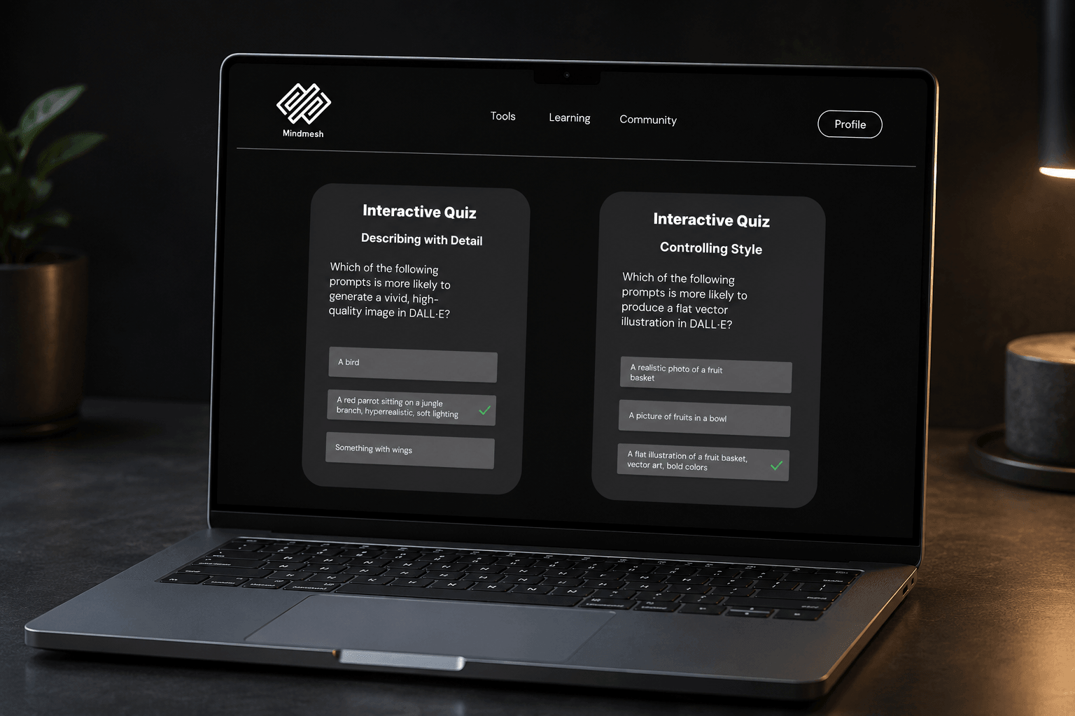 MindMesh interaktiver Quiz-Bildschirm auf einem MacBook Pro mit zwei DALL·E Quiz-Karten nebeneinander: 'Mit Detail beschreiben' und 'Stil kontrollieren', jeweils mit Multiple-Choice-Antwortoptionen.