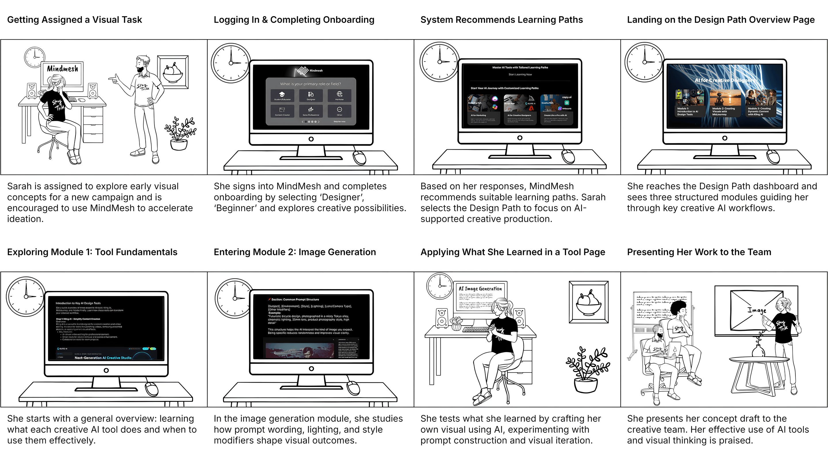 Acht-Panel-Storyboard, das Sarah durch die Zuweisung einer visuellen Aufgabe, das MindMesh-Onboarding, Pfadempfehlungen, die Modularbeit, die praktische Anwendung auf einer Tool-Seite und die Präsentation ihrer Arbeit begleitet.